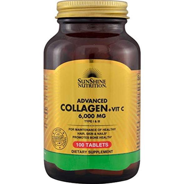 Sunshine Nutrition Advanced Collagen + Vitamin C 6000Mg 100 Tablets For Hair Skin Nail and Bone Health  Dietary Supplement