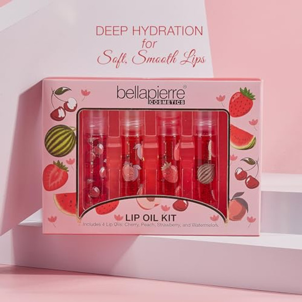 Bellapierre Cosmetics 4-Piece Natural Lip Oil Kit Moisturizing Lip Gloss Set Fruit Flavored Lip Oil Collection With Rollerball Applicator