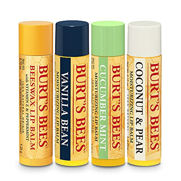 Burt’S Bees Holiday 4 Lip Balm Stocking Stuffer Products Beeswax Bounty Assorted Set - Original Beeswax Vanilla Bean Cucumber Mint & Coconut Pear (Old Verison)