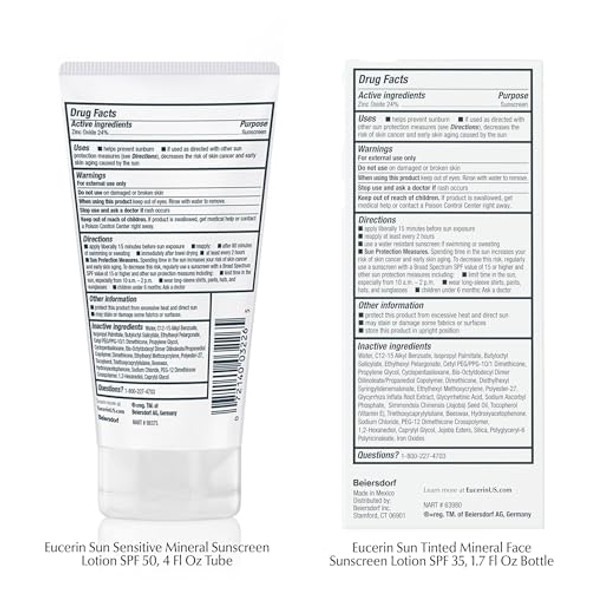 Eucerin Sun Sensitive Mineral Sunscreen Lotion Spf 50 (4 Fl Oz) + Sensitive Mineral Tinted Sunscreen For Face Spf 35 (1.7 Fl Oz) Fragrance Zinc Oxide Protection