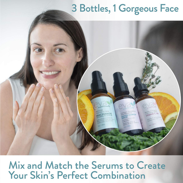 Natural Firm & Glow Skincare Set of 3 Serums – Skin Care Kit with 20% Vitamin C Serum, Peptide Complex Serum, Niacinamide Vitamin B3 Serum by Eva Naturals