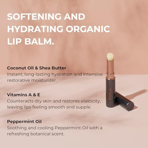 Inika Organic Lip Balm Softening And Hydrating With Soothing Peppermint Oil Nourishing Shea Butter. 100% Natural Vegan & Sustainable.