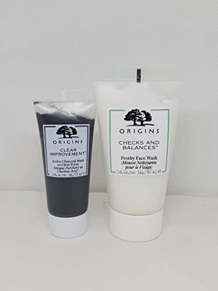 Origins Travel Set: Check And Balance Frothy Face Wash 30 Ml/1 Oz+ Origins Clear Improvement Active Charcoal Mask To Clear Pores 15 Ml/0.5 Oz