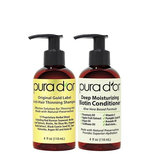 Pura D'Or Anti-Thinning Biotin Shampoo & Deep Moisturizing Conditioner Original Gold Label Set (16Oz X2) Natural Earthy Scent Clinically Tested Effective Results