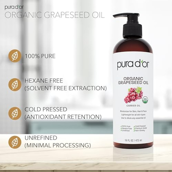 Pura D'Or 16 Oz Organic Grapeseed Oil - 100% Pure & Natural Usda Cold Pressed Carrier Oil - Light & Silky Unscented Hexane Liquid Moisturizer - Face Skin & Hair - Men & Women
