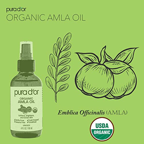 Pura D'Or Organic Amla Oil (4Oz / 118Ml) 100% Pure Usda Premium Grade Natural Moisturizer Cold Pressed Hexane- Base Carrier For Diy Skin Care Men & Women Pack Of 1 0.5 Pounds