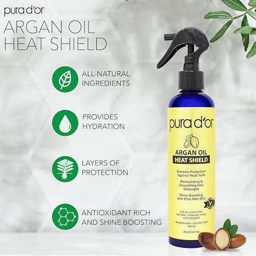 Pura D'Or 8 Oz Argan Oil Heat Shield Protectant Spray With Select Organic Ingredients Protects Up To 450º F From Flat Iron & Hot Blow Dry Leave-In Define & Shine Dry & Damaged Hair