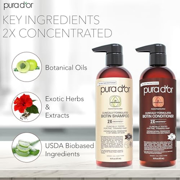 Pura D'Or Professional Grade Clinically Formulated Biotin Shampoo & Conditioner For Hair Thinning - 2X Concentrated Proprietary Herbal Blend Thickening Products For Women & Men Sulfate 16Oz X2