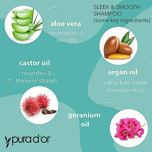 Pura D'Or 3-Piece Complete Set (Shampoo Conditioner Cream) For Sleek & Smooth Frizz- Silky Hair - Infused With Organic Aloe Vera Argan Castor Bergamot & Geranium Oils