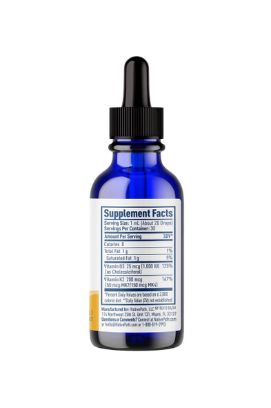 NativePath D3K2 Tincture - 1000IU Vitamin D3 and Vitamin K2 Supplement with Organic MCT Oil - 1 Fluid Ounce - Rapid Bioavailability Multi-Vitamin for Bone Strength and Total Body Wellness 30 Servings