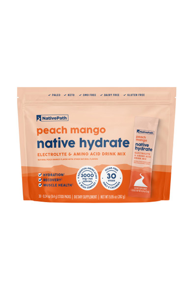 NativePath Native Hydrate Stick Packs Sugar Free Electrolytes Powder with BCAAs Peach Mango Hydration Keto & Paleo Friendly 30 Servings