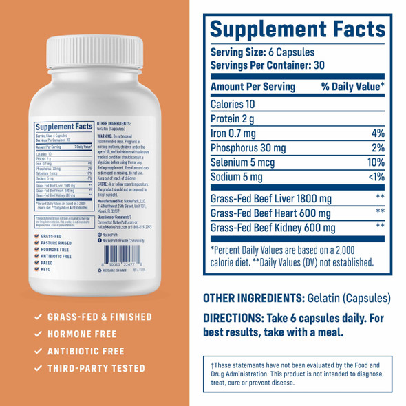NativePath Grass Fed Beef Organ Complex - Liver Heart Kidney Supplement for Energy & Immune Support - New Zealand Sourced 30 Servings