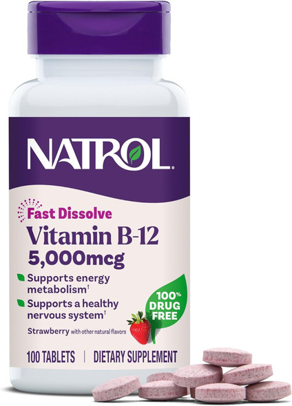 Natrol Vitamin B12 5,000 mcg Fast Dissolve Vitamin B12 Supplement Supports a Healthy Nervous System and Energy Metabolism 100 Tablets