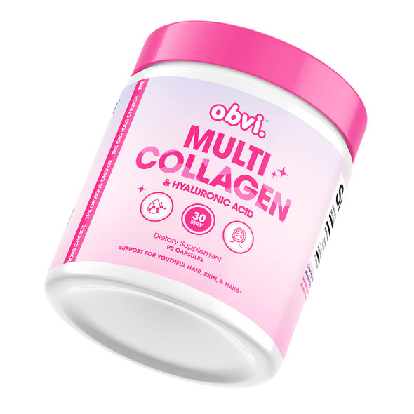 Obvi Multi Collagen Supplement with Hyaluronic Acid | Skin Care Hair Nail Joint Support for Women Gut Health | Hydrolyzed Protein Type I II III V X | 30 Capsules 30 Servings