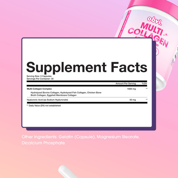 Obvi Multi Collagen Supplement with Hyaluronic Acid | Skin Care Hair Nail Joint Support for Women Gut Health | Hydrolyzed Protein Type I II III V X | 30 Capsules 30 Servings