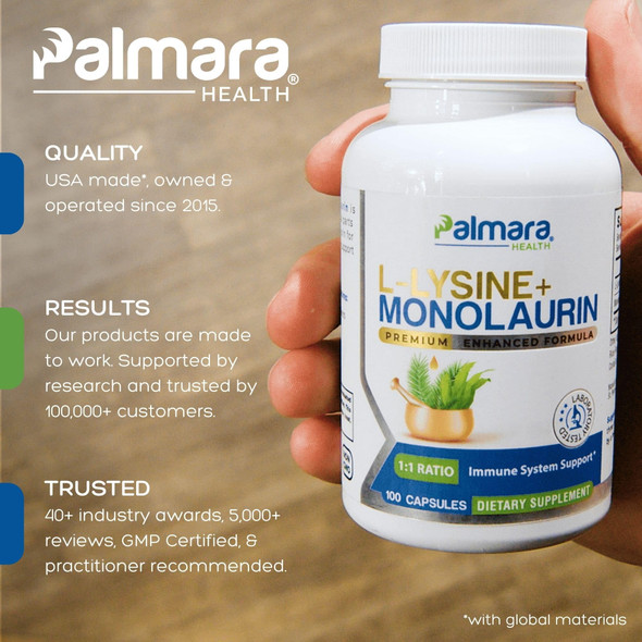 Palmara HealthL-Lysine + Monolaurin 600mg 1:1 Ratio 1 Pack 100 Capsules