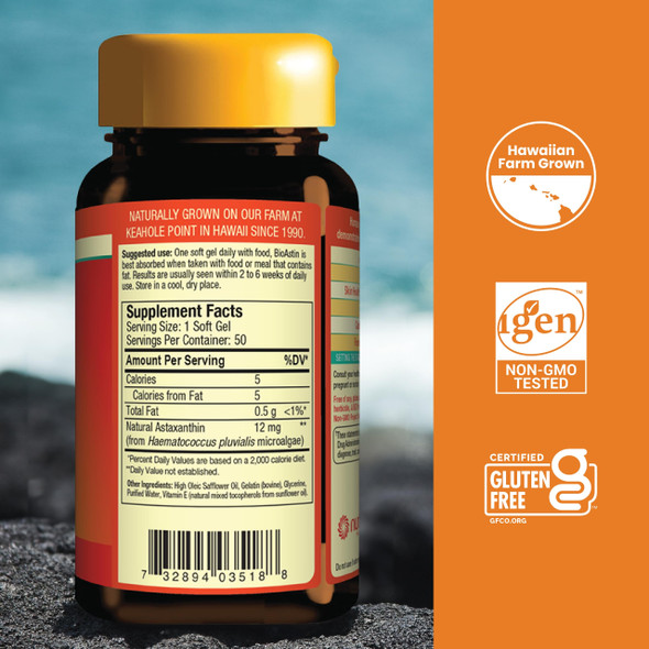 Nutrex Hawaii BioAstin Hawaiian Astaxanthin - 12mg, 50 Softgels - Farm-Direct Premium Antioxidant Supplement to Support Eye Skin Joint & Immune System Health - Non-GMO & Gluten-Free