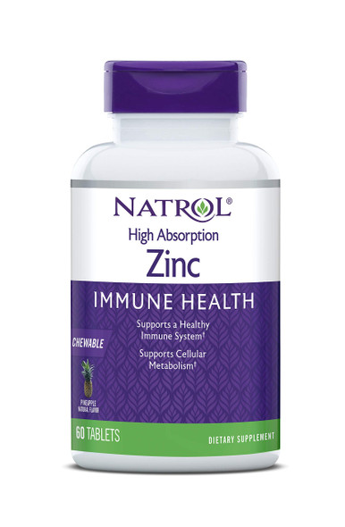 Natrol High Absorption Zinc, Supports Immune Health and Cellular Metabolism with AbsorbSmart „¢ Technology, Pineapple Flavor, Chewable Tablets, 60 Count