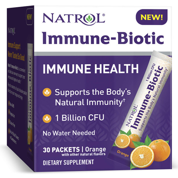 Natrol Immune-Biotic Stick Pack Powder, Supplement for Immune Support+ with Prebiotics and Probiotics, No Water Needed, Orange Flavor, 30 Count