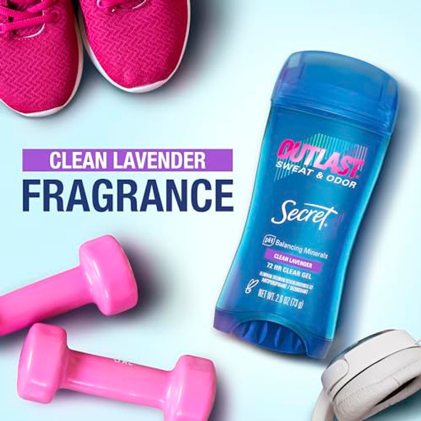 Secret Outlast Antiperspirant Deodorant For Women 72Hr Sweat & Odor Protection Ph Balancing Minerals Clear Gel Clean Lavender Scent 2.6 Oz