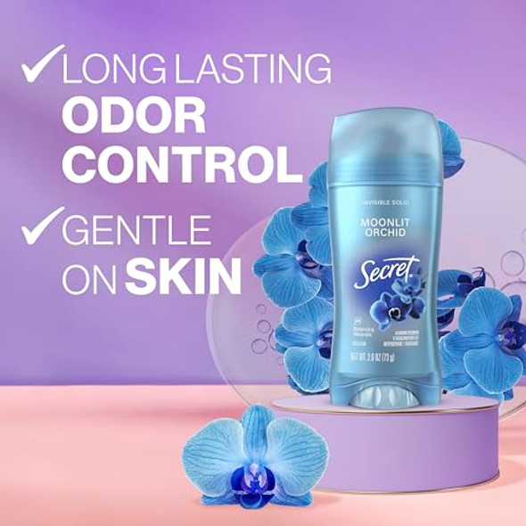 Secret Fresh Antiperspirant Deodorant For Women 72Hr Breathable Sweat & Odor Protection Instant Freshness & Gentle Ph Balancing Minerals Invisible Solid Moonlight Orchid Scent 2.6 Oz