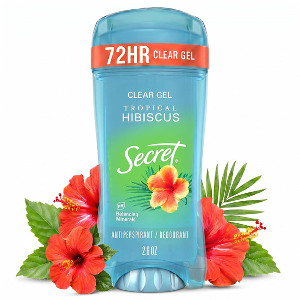 Secret Fresh Antiperspirant Deodorant For Women 72Hr Breathable Sweat & Odor Protection Instant Freshness & Gentle Ph Balancing Minerals Clear Gel Tropical Hibiscus Scent 2.6 Oz