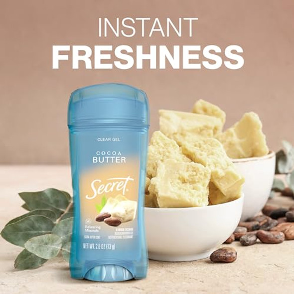 Secret Fresh Antiperspirant Deodorant For Women 72Hr Breathable Sweat & Odor Protection Instant Freshness & Gentle Ph Balancing Minerals Clear Gel Cocoa Butter Scent 2.6 Oz