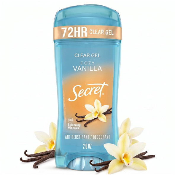Secret Fresh Antiperspirant Deodorant For Women 72Hr Breathable Sweat & Odor Protection Instant Freshness & Gentle Ph Balancing Minerals Clear Gel Cozy Vanilla Scent 2.6 Oz