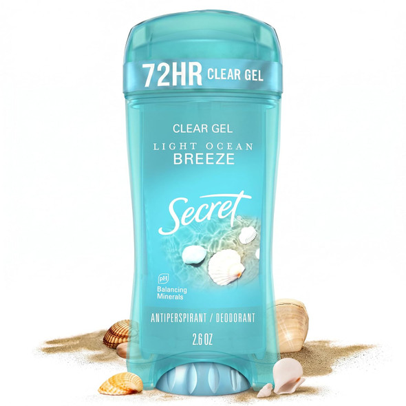 Secret Fresh Antiperspirant Deodorant For Women 72Hr Breathable Sweat & Odor Protection Instant Freshness & Gentle Ph Balancing Minerals Clear Gel Light Ocean Breeze Scent 2.6 Oz