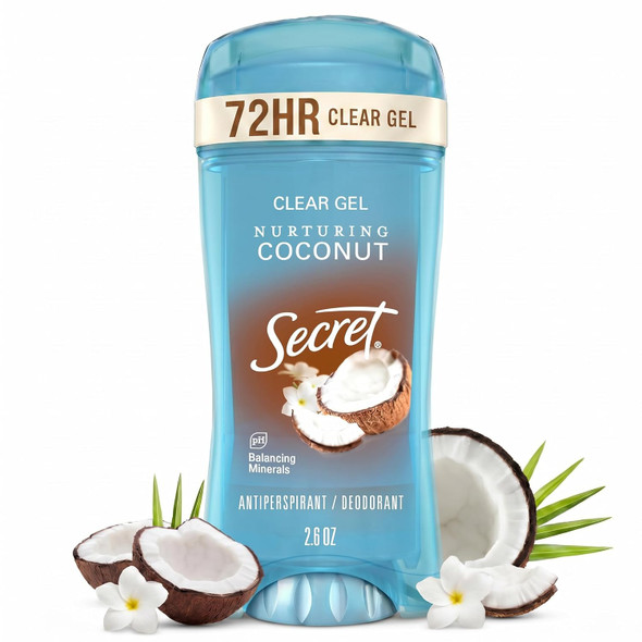 Secret Fresh Antiperspirant Deodorant For Women 72Hr Breathable Sweat & Odor Protection Instant Freshness & Gentle Ph Balancing Minerals Clear Gel Nurturing Coconut Scent 2.6 Oz
