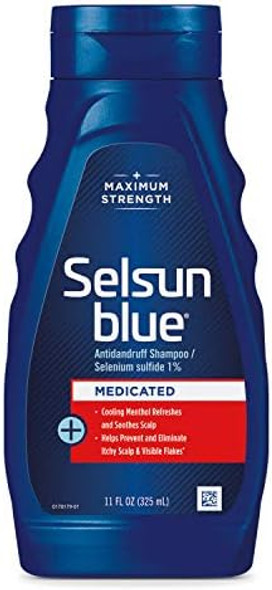 Selsun Blue Medicated Anti-Dandruff Shampoo With Menthol 11 Fl. Oz. Maximum Strength Provides Cooling Soothing Sensation Repairs & Strengthens Damaged Hair.