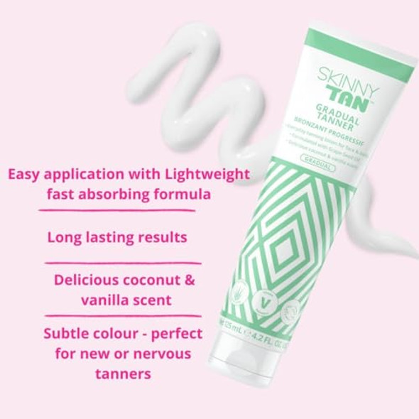 Skinny Tan Gradual Tanner - Lightweight Fast-Absorbing Formula - Delicious Coconut And Vanilla Scent - Enriched With Aloe Vera And Guarana - Nourishes And Hydrates Skin - 4.2 Oz Bronzer
