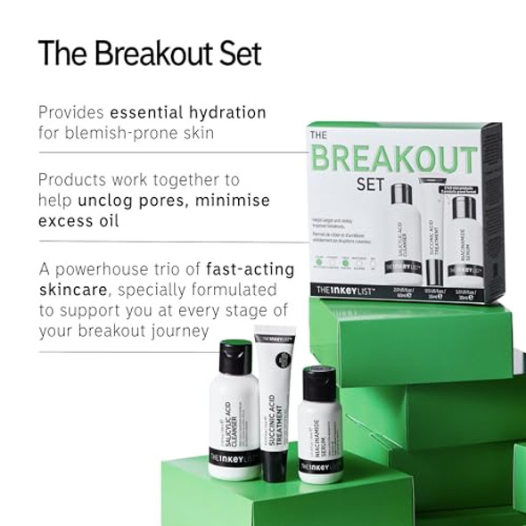 The Inkey List Acne Treatment Set – Salicylic Acid Cleanser Niacinamide Serum & Succinic Acid Spot Treatment – Clears Acne Breakouts & Blemishes – Skincare For Oily Acne-Prone Skin