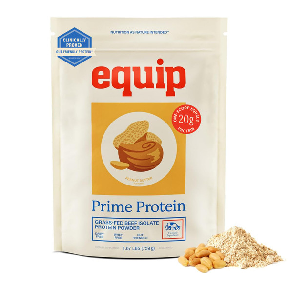 Equip Foods Prime Protein Powder | Clean Grass Fed Beef Protein Isolate | Carnivore Protein Powder | Paleo Keto Friendly | Gluten Dairy Free | 30 Servings Peanut Butter
