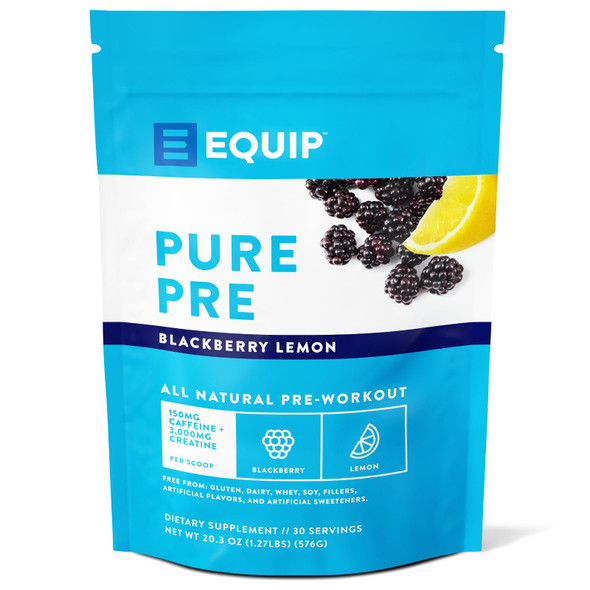 Equip Foods Pure Pre All Natural Pre-Workout Powder | Green Tea Caffeine Sea Salt EAA Vitamin C B6 B12 L-carnitine Agnine | Naturally Boosts Workouts | 30 Servings BlackBerry Lemon Caffeinated