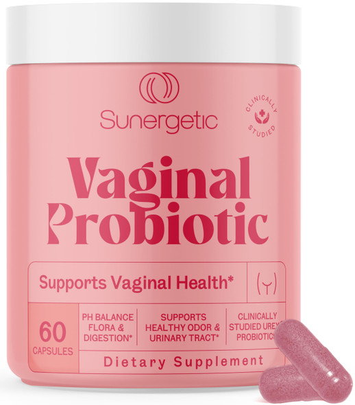Sunergetic Premium Vaginal Probiotics for Women – Clinically Studied Lactobacillus Vaginal Probiotic with Prebiotic & Cranberry to Balance PH Reduce Odor Urinary Tract Support & Feminine Health – 60 Capsules