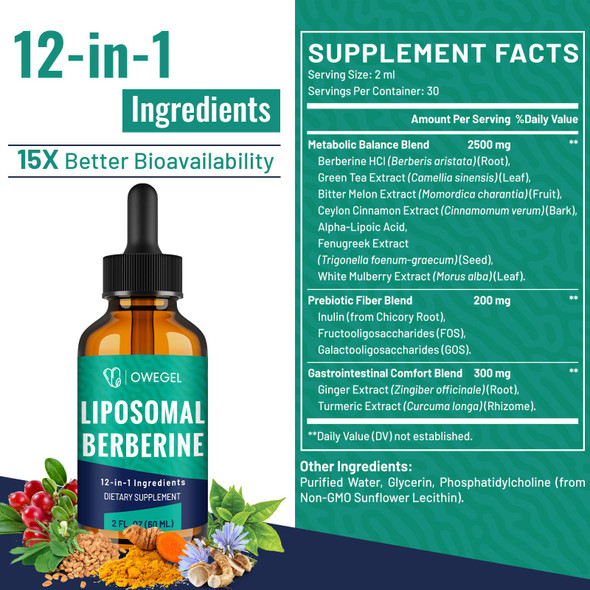 owegel Berberine HCL Supplement with Ceylon Cinnamon - Highly Absorbable Liposomal Berberine Liquid Drops 3000mg- 12 in 1 Natural Ingredients - AMPK Activator - 2 Fl Oz