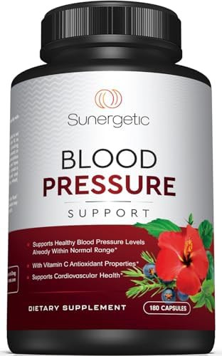Sunergetic Premium Blood Pressure Support Supplement For Cardiovascular & Heart Health With Garlic Hawthorn & Hibiscus (180 Capsules)