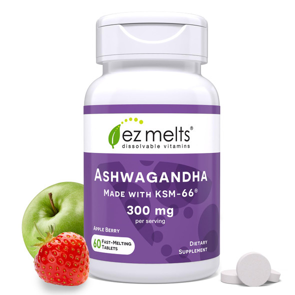 EZ Melts Dissolvable KSM-66 Ashwagandha 300 mg Sugar-Free Stress Sleep and Mood Support Supplement 30-Day Supply Apple Berry-Flavor