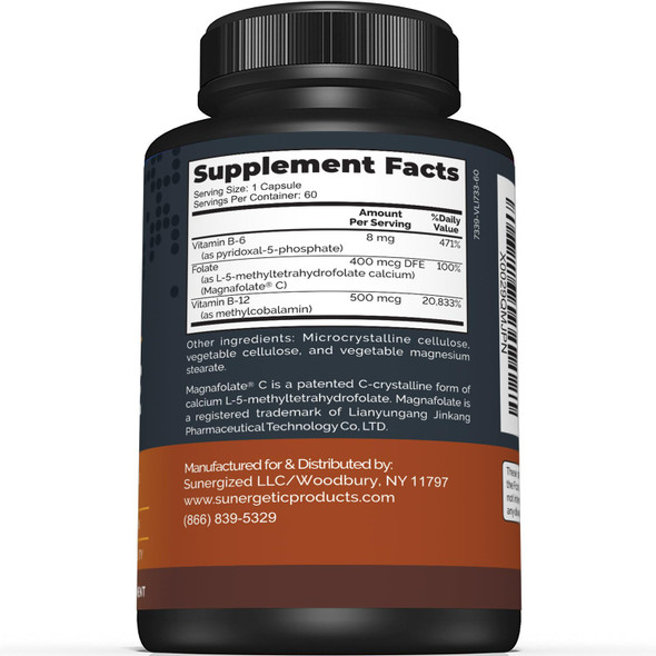 Sunergetic Premium Methyl Folate Supplement – with Methylated Vitamin B12 and Vitamin B6 – Metabolically Active Folate as Magnafolate - Methylfolate 400 mcg per Capsule – 60 Capsules