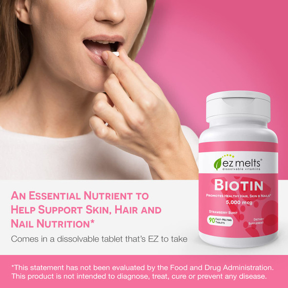EZ Melts Dissolvable Biotin 5000 mcg Hair Skin & Nail Support Sugar-Free 3-Month Supply