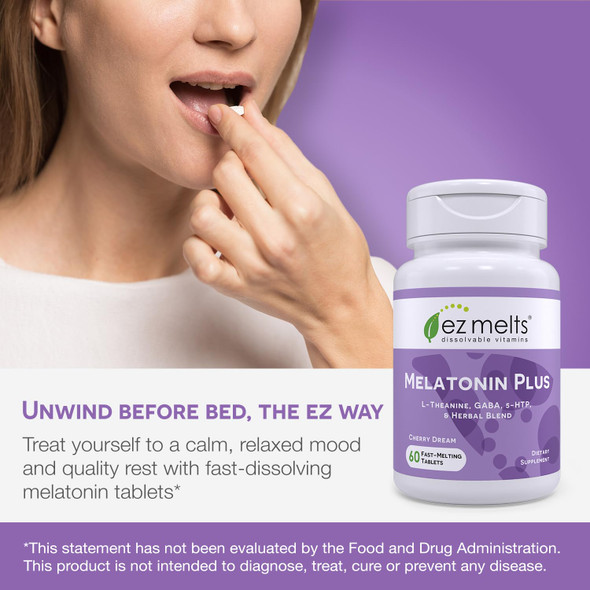 EZ Melts Dissolvable Melatonin Plus Sugar-Free Sleep Support with Melatonin 5mg L-Theanine GABA 5-HTP and Herbal Blend 60-Day Supply