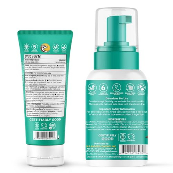 Badger Diaper Cream And Baby Wash Bundle - Zinc Oxide Diaper Cream Calendula With Beeswax & Sunflower Baby Wash Calming Chamomile - All Organic