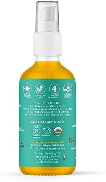 Badger Baby Oil 100% Organic Ingredients To Soften & Moisturize Dry Skin Or Cradle Cap Soothing Vegan Organic Baby Oil 4 Fl Oz Bottle