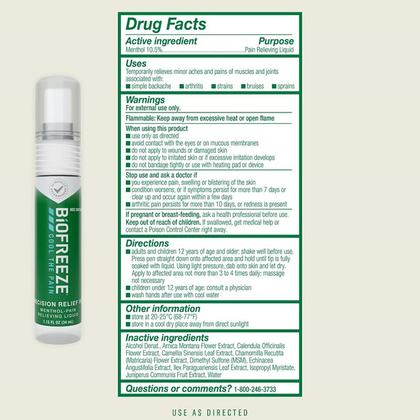 Biofreeze Precision Pain Relief Pen Arthritis Pain Reliever Mess-Free Cooling Joint Pain Relief FSA/HSA Eligible Menthol Pain Relief Liquid 1.15 Fl Oz