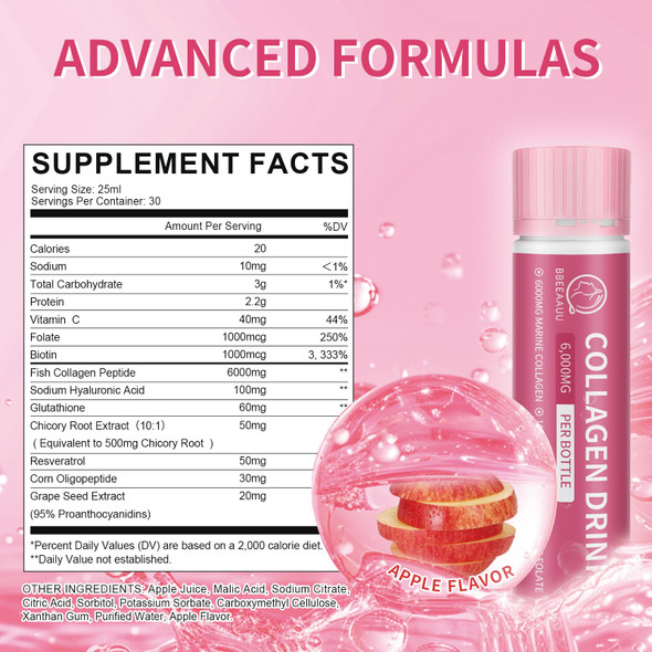 BBEEAAUU Collagen Drink with 6000 mg Marine Collagen Peptides, Liquid Collagen Shots for Women Support Beauty, Collagen Supplements for Skin, Hair and Nail Wellness (0.85 Fl Oz (Pack of 30)