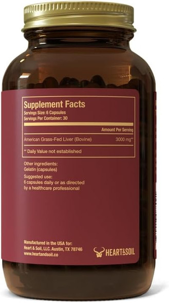 HEART & SOIL – American Liver Supplement – 3000mg Grass-Fed Beef Liver Rich in Vitamin A B12 Iron & Peptides – Non-GMO Allergen-Free – 180 Capsules