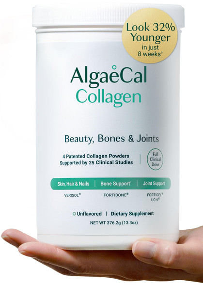 ALGAECAL Collagen: 4 Clinically-Supported Peptides VERISOL® FORTIGEL® UC-II® FORTIBONE® Anti-Aging Hydrolyzed Collagen Powder 30 Servings Made in USA