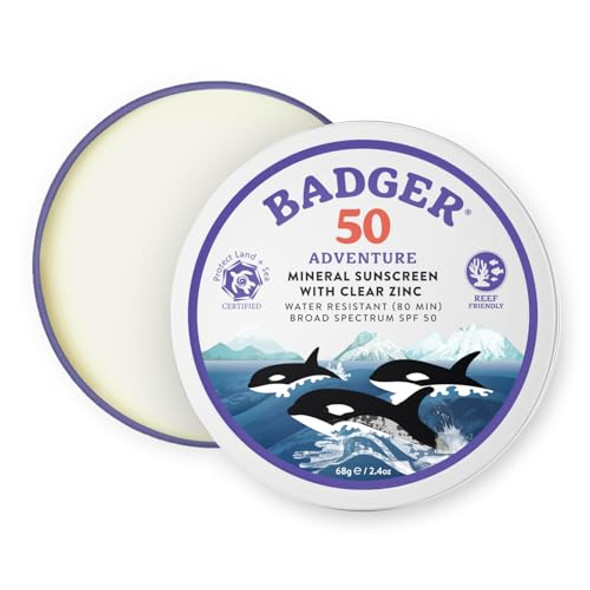 Badger Biodegradable Reef Safe Sunscreen Spf 50 Mineral Sunscreen 98% Organic Ingredients Unscented Water Resistant Adventure Sport Sun Cream Travel Size 2.4 Oz Tin