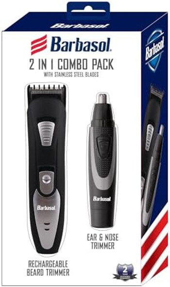 Barbasol Beard Trimmer For Men & Ear And Nose Trimmer Set 2 In 1 Trimmer Set With Stainless Steel Blades Rechargeable Beard Trimmer & Battery Powered Nose And Ear Trimmer Travel Set With Travel Bag